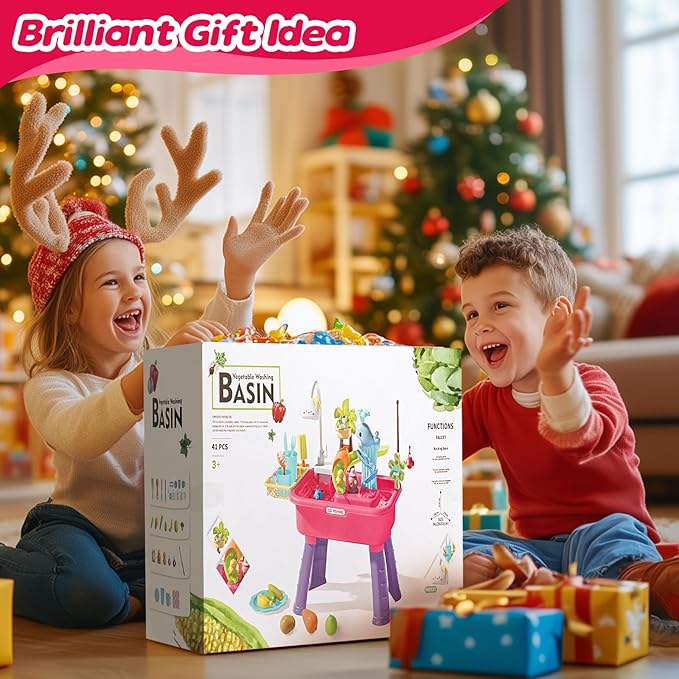 Kitchen Play Sink Toys with Running Water for Kid 4-8,4-in-1 Electric Water Table for Toddlers 1-3 with Water Pump,Animals, Food, Tableware,Color Changing Pretend Role Birthday Toy for Boy and Girl