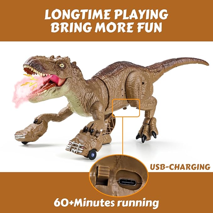 RC Tyrannosaurus Rex Dinosaur Toys for Kids 3-5, 5-7, 8-12, Remote Control T Rex Dino Robot Toy with Spray, Roar & Light, Birthday for 3 4 5 6 7 8 9 10 11 12 Year Old Boys (Brown)