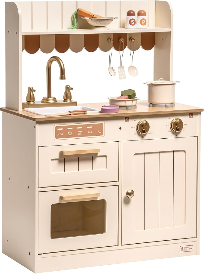 ROBUD Wooden Play Kitchen Set for Kids, Pretend Play Kitchen Toy Set with Golden Faucet, Sink, Oven, Stove, Cabinet, Vintage Style, Gift for Boys & Girls, Ages 3+