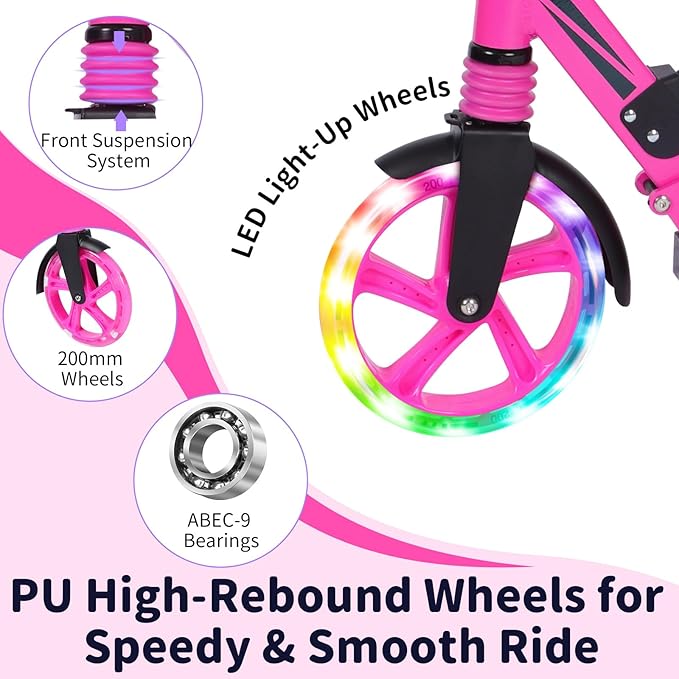 BELEEV V8 Scooters for Kids Ages 6+ with Light-Up Deck, 2 Wheel Folding Scooter for Adults Teens, 4 Adjustable Height, Lightweight Sport Commuter Scooter, Sturdy Frame, Max Load 220 lbs