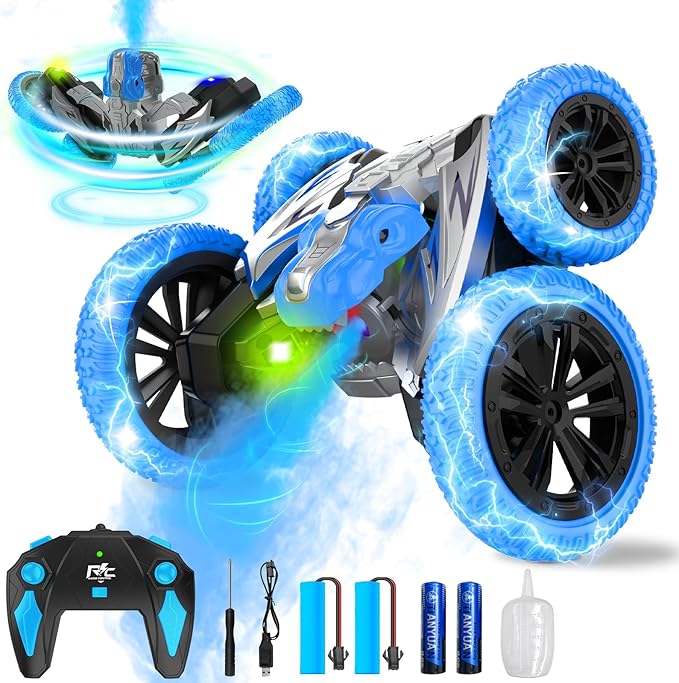 Remote Control Car, 360° Rotating RC Stunt Car with Lights and Spray, 2.4Ghz 4WD Double-Sided Driving RC Car Toys for Kids, Outdoor Dinosaur Truck Gift for Boys and Girls Age 4-7,8-12 (Blue)