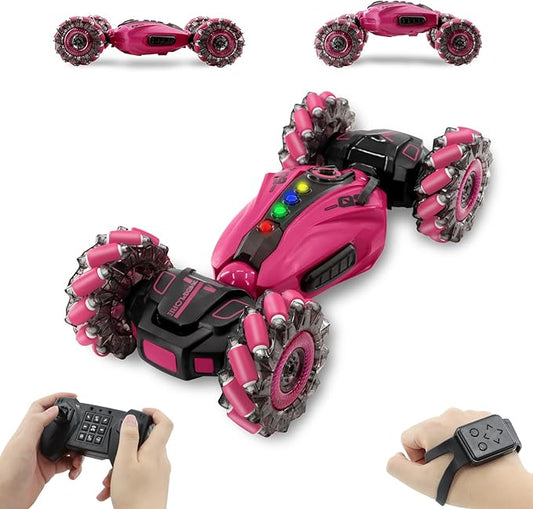 RC Stunt Car, 2.4GHz Remote Control Gesture Sensor Toy Cars, Double Sided Rotating Off Road Vehicle 360° Flips with Cool Lights, Spray， Music，for Boys and Girl 8-12 Year Old（Purplish red）