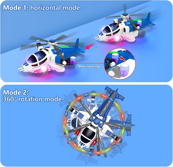 Helicopter Toy for Toddlers 1-3 With Lights And Sounds, 360°Freedom And Operated Automatic Bump Autism Sensory Light Up Toys Airplane for Toddler Boy Toys 2 3 4 5 Year Old Up Boy Girl Birthday (Blue)