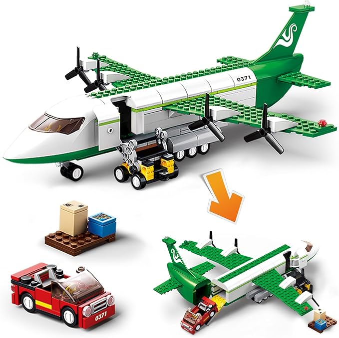 City Cargo Plane Building Set, Plane City Kits Building Blocks with Car, Luggage Tray, Movable Stairs, Compatible with Lego Plane Airport, Airplane Model Toys Gifts for Adults Boys Girls 6-12
