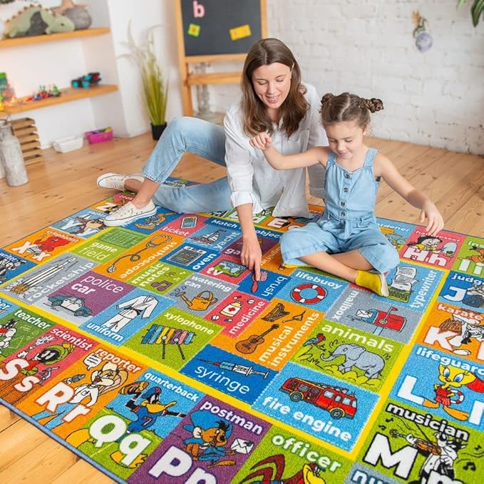 KC Cubs | Looney Tunes Kids Educational Rug ABC Alphabet, Jobs & Objects Matching Learning & Fun Game Area Non Slip Rug Carpet for Kids and Children Bedroom, Classroom and Playroom