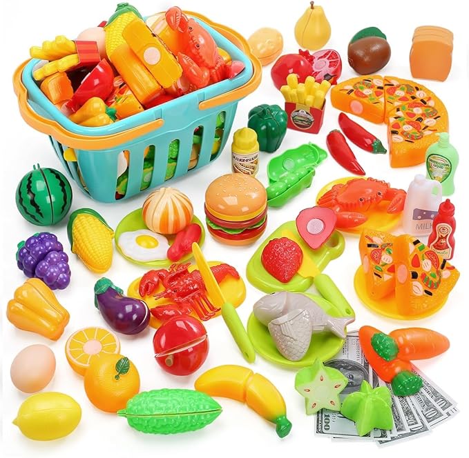 HOLYFUN 100 PCS Cutting Play Food Toy for Kids Kitchen, Pretend Fruit & Vegetables Accessories with Shopping Basket, Plastic Mini Dishes, Play Money, Perfect Educational Toy for Toddlers Boys & Girls