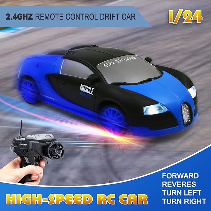 Remote Control Car RC Drift Car 2.4GHz 1:24 Scale 4WD 15KM/H High Speed Model Vehicle with LED Lights Drifting Tire Racing Sport Toy Car for Adults Boys Girls Kids Gift 2Pcs Rechargeable Batteries