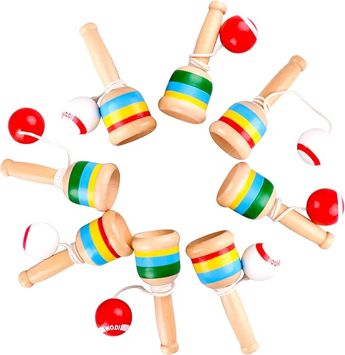 8 Packs Wooden Catch Ball Game Ball Catching Cup Vintage Catch Game for Kids Hand Eye Coordination Educational Game, White and Red