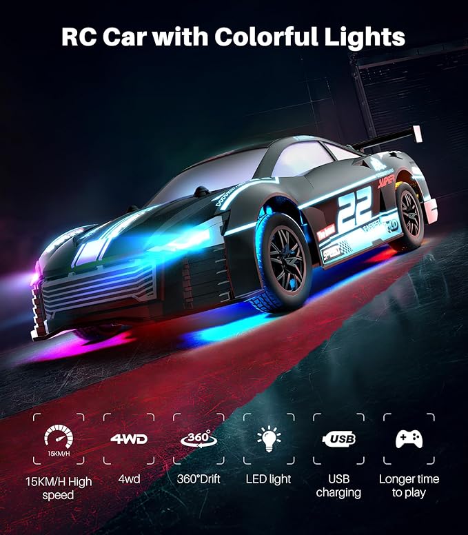RC Drift Car, 4WD Remote Control Vehicle with LED Lights, 2.4GHz Race Car with Drifting & Racing Tires, 2 Rechargeable Batteries, Gifts Toys for Kids Boys Girls Adults