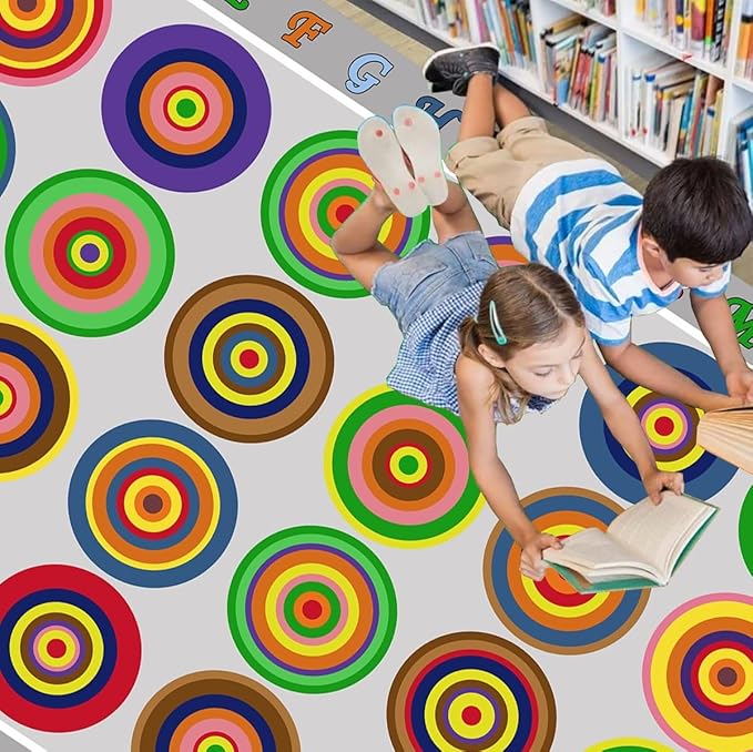 HUAHOO Small Classroom Rug Elementary Preschool Learning Carpet Seating Rug for Kids Room with Non-Slip Backing, 5' x 7'6", Rainbow Circles Gray