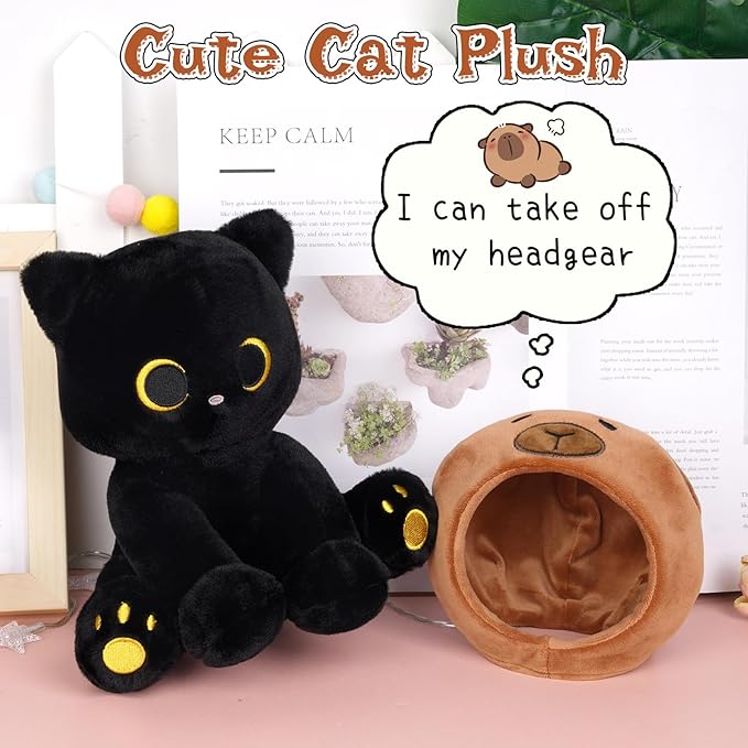 Capybara Cat Stuffed Animal, 8inch Black Cat Plush Wear Capybara Hat, Anime Kitten Plushies Kawaii Huggable Gift for Kids Boys Girls,Girlfriends Christmas, Birthday Gifts