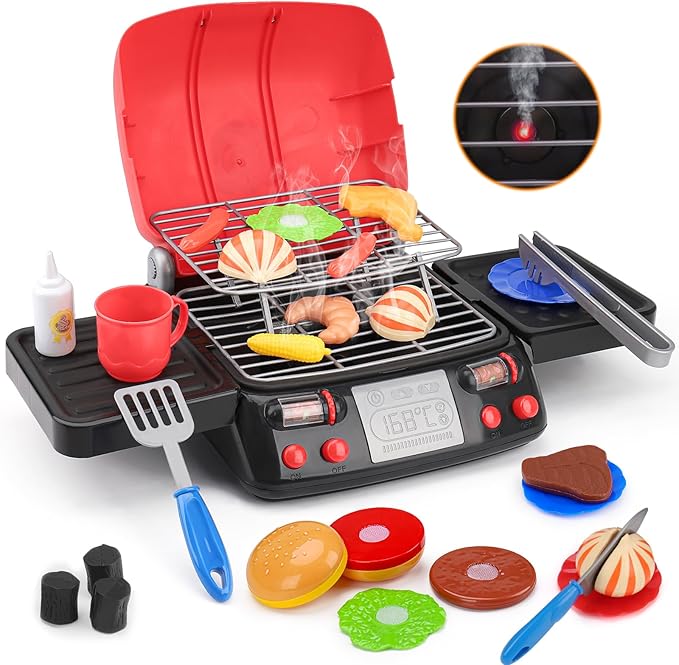Kids Play Food Grill with Pretend Smoke Sound Light Kitchen Playset BBQ Accessories Camping Cooking Set Barbecue Toddler Girl Boy Toy 2 3 4 5 6 Year Old 4-8 Birthday Kid Toy Idea