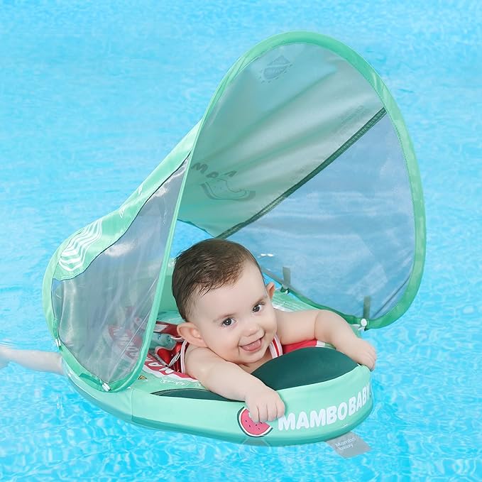 Mambobaby Float Add Tail Baby Swim Float with Canopy Solid Pool Infant Swim Trainer Swimming Training Lying Air Free Water Floats Non-Inflatable Waist Swim Ring for Toddlers (Watermelon)