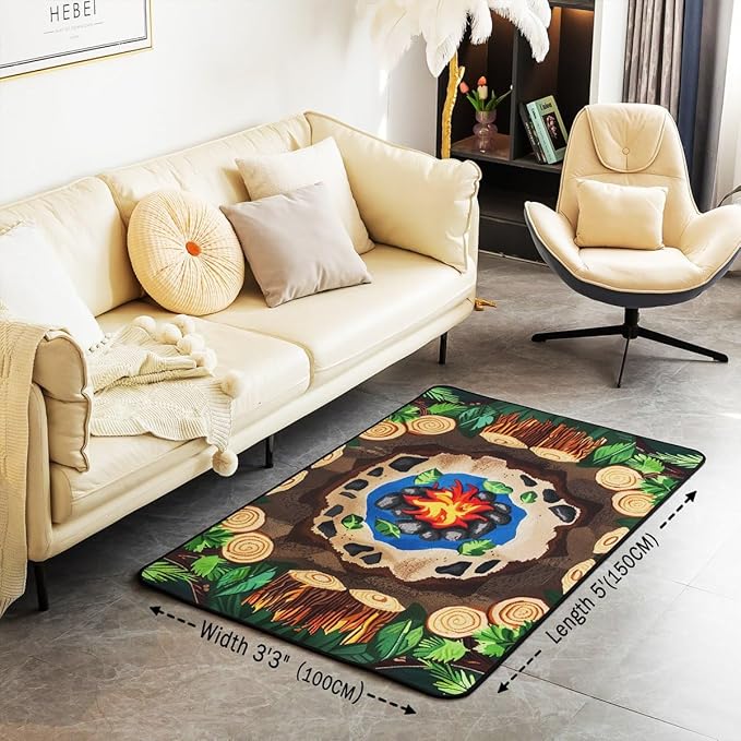 Erosebridal Campfire Area Rug 4'11" x 3'3" Tree Stump Rug for Teens Kids Fun Woodland Campsite Summer Happy Camping Carpet Cartoon Stones Green Tree Non Slip Living Room Rugs