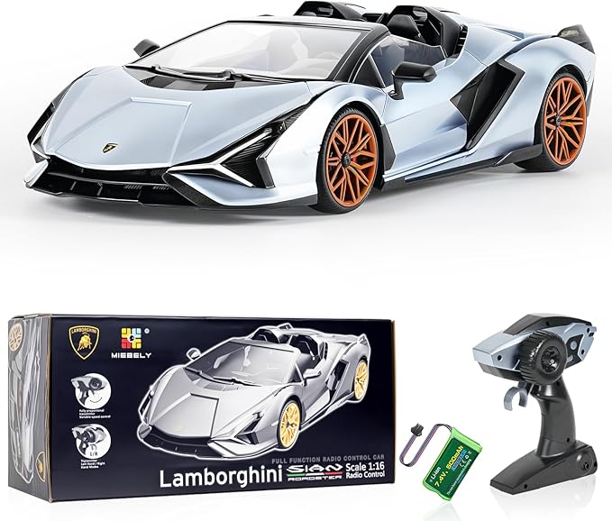 MIEBELY Lamborghini Remote Control Car, 1:16 Scale Lambo Toy Car 7.4V 500mAh Officially Licensed 12Km/h Rc Cars with Led Light 2.4Ghz Model Car for Adults Boys Girls Birthday Ideas Gift (Light Blue)
