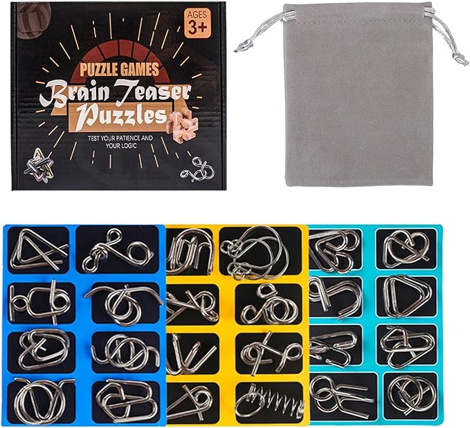 VolksRose 24pcs Brain Teaser Metal Wire Puzzles, Classical Mini Metal Puzzles Set, Mind Smart Game IQ Challenge Puzzle Games, Educational IQ Test Toy Lock Puzzle Gift for Adults Kids Teenagers