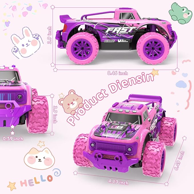 Remote Control Car for Girls: 20Km/h All Terrain Fast RC Cars with Light and DIY Windmills - 2.4GHz Pink Purple Monster Truck Car Toys for 6 7 8 9 10 11 12 Girls Birthday Gift