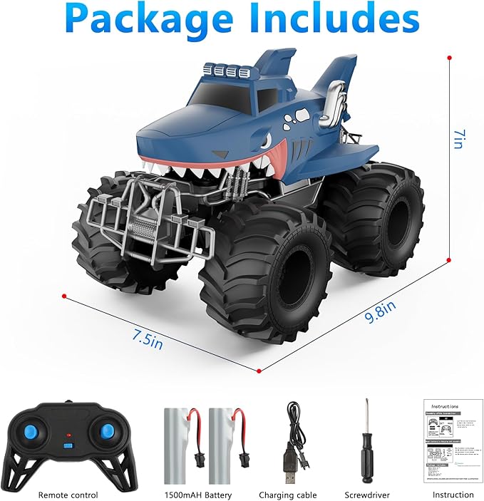 MUYOLO Remote Control Shark Truck, 1:16 Rc Monster Car with 2 Batteries 2.4GHz 4WD Off-Rock All Terrain Waterproof Amphibious Toys, for Christmas Birthday Gifts Presents Kids Boys Girls Ages 6+