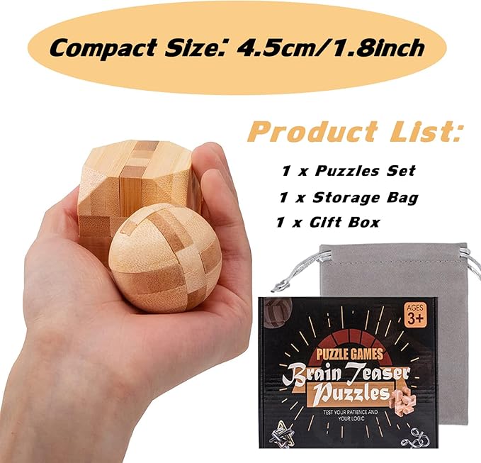 VolksRose 15pcs Wooden Brain Teaser Puzzles, IQ Challenge Puzzle Games, Logic Smart Mind Puzzle Box Lock Toy Removing Assembling 3D Small Puzzle Gift Set for Adults Teenagers Kids, 1.8inch 4.5cm