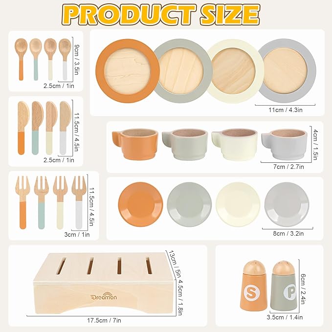 Wooden Play Dishes and Plates for Kids Kitchen Set, 27 PCS Wooden Play Kitchen Accessories, Kitchen Toy for Toddlers Boys Girls 3 4 5 6