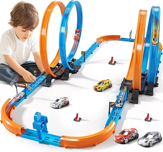 Car Race Track Sets for Kids 3 4 5 6 7 8 9 Years Old - Toy Car Track Set for Boys 3-5 6-8 8-12, Racing Game with 4 Small Cars, Boys Toy, Gifts for Boys Girls 3-8