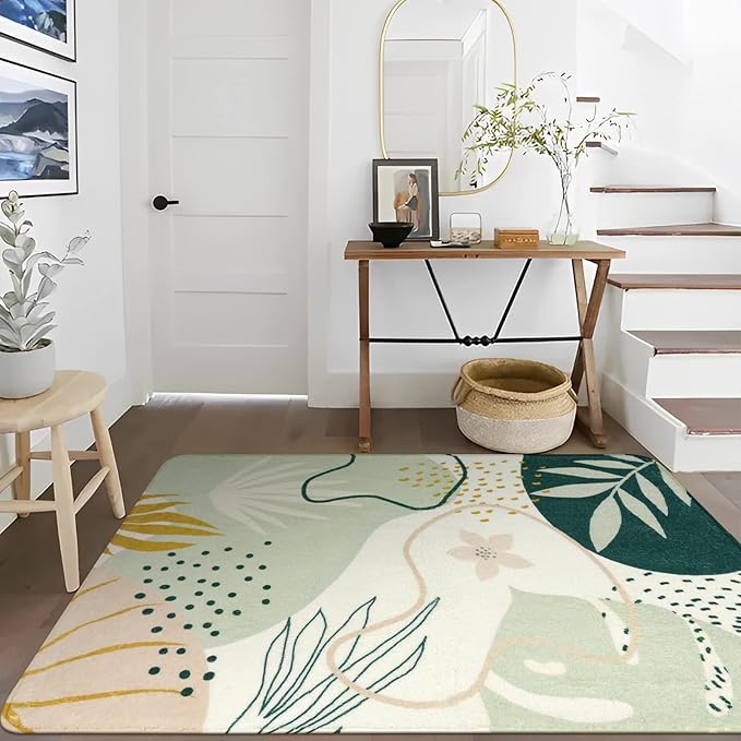 Lahome Green Botanical Print Washable Rugs - 5x7 Area Rugs for Living Room Boho Throw Large Bedroom Kitchen Rug Non-Slip Low-Plie Entryway Rug Floor Mat Carpet for Dining Laundry Room Office Rug
