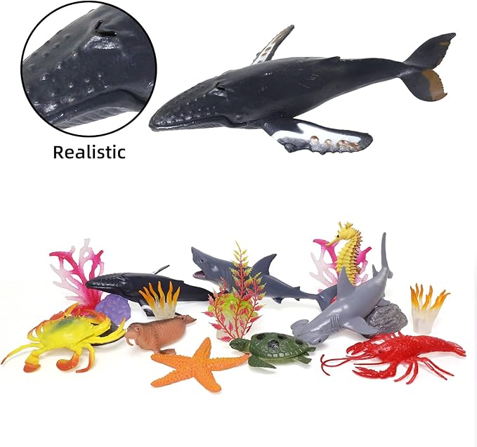Ocean Sea Animal Figure Toys for Kids 3-5, Realistic Sea Life Figures Animal Toys Sand Toys Beach Bath Playset Include Shark, Whale, Corals, Seagrass, Crab, Octopus, Turtle for Toddler, Boys & Girls