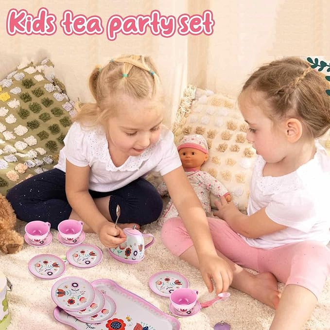Pretend Play Tea Set for Little Girls, Gift for Age 3-8, Flower Themed, 19 PCS