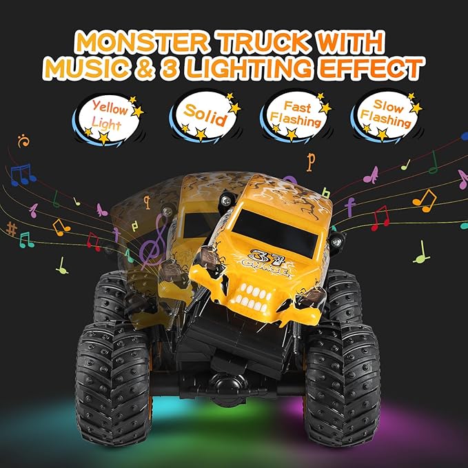 Remote Control Car, 2.4Ghz All Terrain Monster Truck Toys, RC Truck with Music, 3 Lighting Effects, 360 Stunt Capable, All Included Ready to Run, Toy Gifts for Boys and Girls (Yellow)