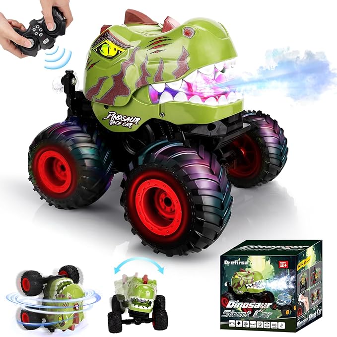 Dinosaur Remote Control Car for Boys 4-7 8-12, 50min+ Runtime RC Car with Spray, LED Light, 360° Rotating & 90° Driving, RC Monster Truck Toy for Kids Birthday