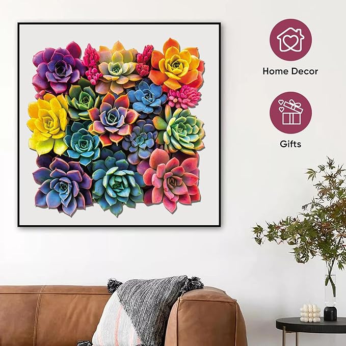 Puzzles for Adults 500 Pieces, Square Succulent Wooden Puzzles, 5MM Thick Unique Shaped Flower Jigsaw Puzzles Birthday Gifts for Kids Family Game 16.5 * 16.5inch