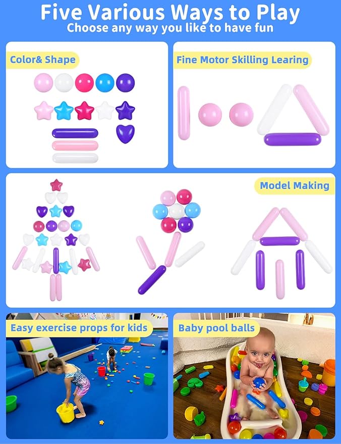 STARBOLO Ball Pit Balls Assorted Shapes for Toddlers - Macaron 200 Ball Pit Balls Crush Proof Plastic Toy Balls for Toddlers Ball Pits, Ball Pit Play Tent, Baby Pool Water Toys(Mixed 5 Colors)