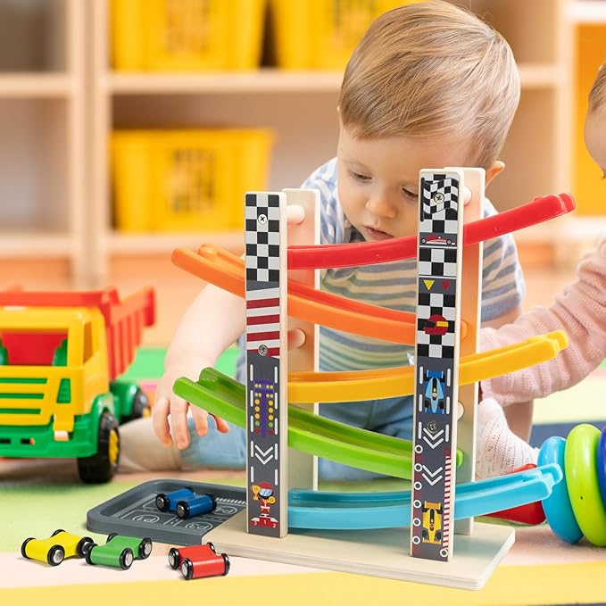 WOOD CITY Toddler Toys for 1 2 3 Years Old, Wooden Car Ramp Racer Toy Vehicle Set with 5/7 Mini Cars & Race Tracks, Montessori Toys Craft Gift for Toddlers Boys and Girls (ramp Racer-5 Layers)