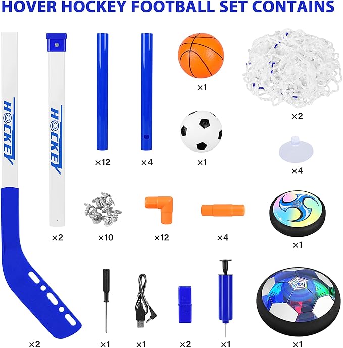 Hover Hockey Set for Kids, 3-in-1 Hover Hockey Soccer Ball Toy Set, Rechargeable Floating Air Soccer Hockey Ball with Led Light, Indoor Outdoor Sports Game Toy Gifts for 3 4 5 6 7 8+ 12 Years Boy Girl