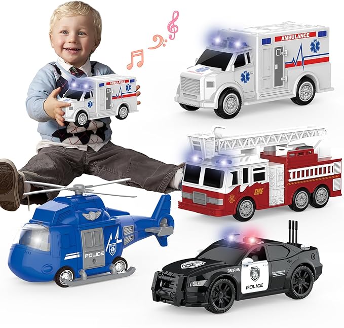 COVTOY 4 Pack Emergency Vehicles with Lights & Siren Sounds - Fire Truck, Ambulance, Police Car & Helicopter - Friction Powered Toys for Boys 3-6