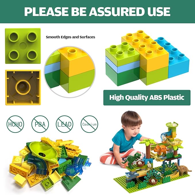Dinosaur Marble Runs for Kids 4-8 Building Blocks/125Pcs Classic Big Blocks Compatible with LEGO DUPLOS for Age 2-5/Montessori Learning STEM Toys/Toddler Marble Maze Gift Toy for Kids Age 3,4,5,6,7,8+