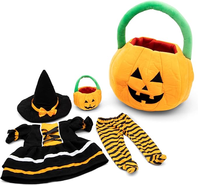 Playtime by Eimmie 18 Inch Doll Clothes and Accessories - Halloween Witch Costume with Hat and Plush Pumpkin - Clothing Sets & Stuff - Fits American, Generation & Similar 18” Dolls for Girls