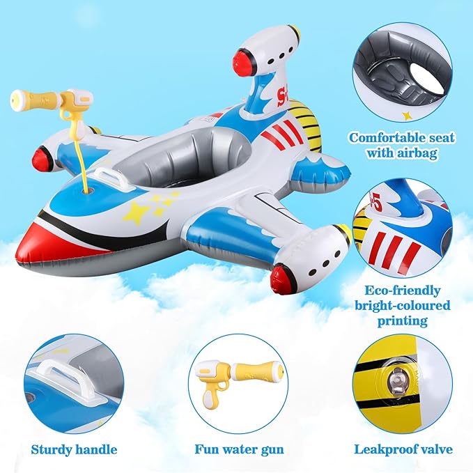 Inflatable Airplane Baby Pool Float with Handle & Squirt Gun, Toddler Swim Float for Boys & Girls Age 1-5
