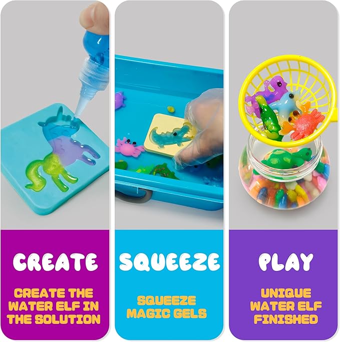 AGENTLAN Magic Water Elf Toy Kit，Aqua Fairy Squishy Making kit with 10 Water gels&8 molds,Magic Jelly elf,Glow in The Dark Water Pets Craft Kits,Sensory Toy Gift Ages 3 4 5 6 7 8 9