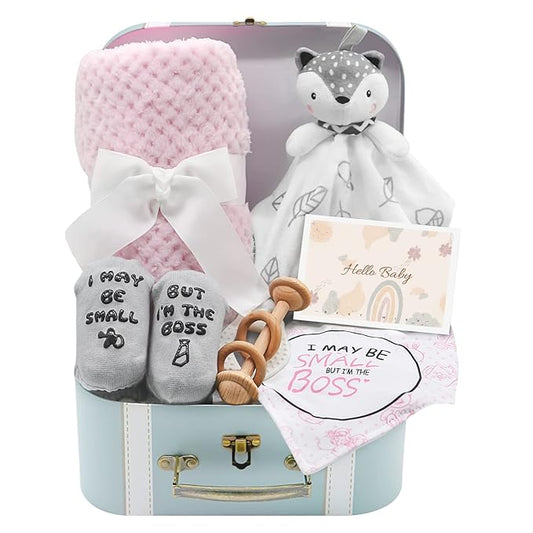 Baby Gift Set, Baby Girls Gift Set New Baby Gifts Basket - Babies Blanket Baby Lovey, Funny Baby Bibs Socks & Greeting Card - Newborn Baby Shower Gifts, Fox