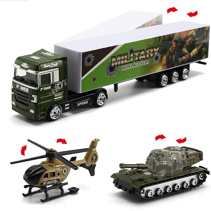 26 Pcs Military Truck with Soldier Men Set(2 in 1), Mini Die-cast Battle Car in Carrier Truck, Army Toy Double Side Transport Vehicle for Kid Child Girl Boy Play Birthday Party Favors
