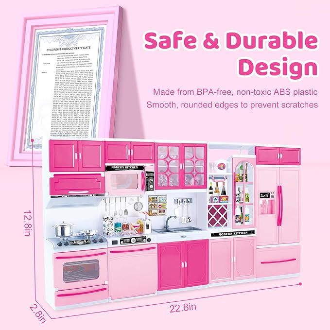 56PCS 5-in-1 Kids Kitchen & Dollhouse Playset – 51 Accessories & 5 Modular Setups, Realistic Lights & Sounds, Easy Assembly Pretend Cooking Toy for Girls Ages 3+