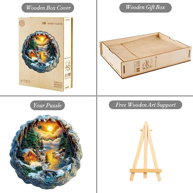 KAAYEE Wooden Puzzles for Adults 200 Pieces Visual 3D Winter Landscape Wooden Jigsaw Puzzles Unique Shaped Wood Puzzle Gifts for Children Father's Day Adults Kids (11.4 * 11.5 in)