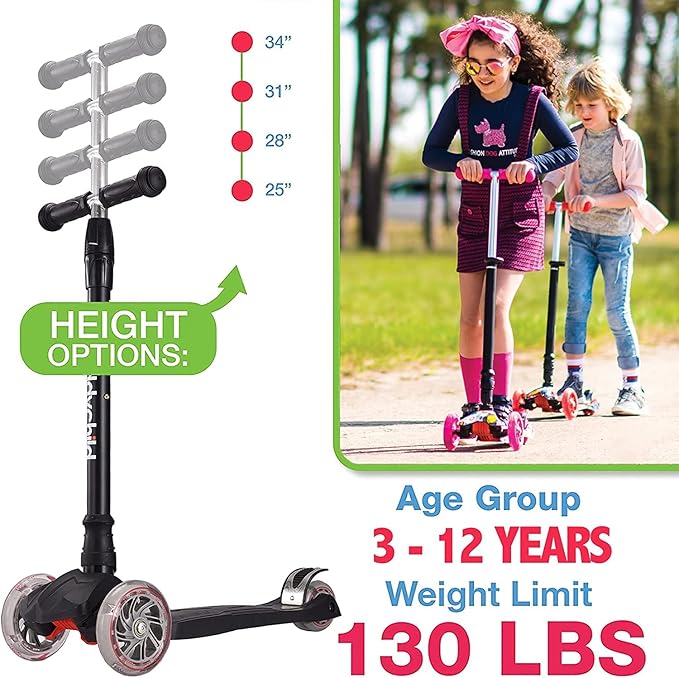 Kids Kick Scooter, 3 Wheeled Scooter for Kids, Child/Toddlers Toy, Adjustable Height, Anti-Slip Deck, Flashing Wheel Lights, for Boys/Girls 3-12 Year Old