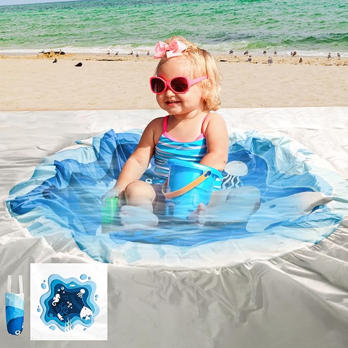Square Baby Beach Pool, 6.5 X 6.5Ft Portable Cartoon Ocean Theme Toddler Beach Puddle, Waterproof Sandproof 2 in 1 Cute Toddler Paddling Pool Beach Blanket with Carrying Bag for Boys Girls