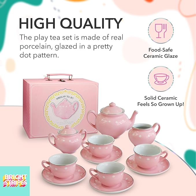 Bright Stripes Porcelain Tea Set for Kids - Premium Quality Pretend Play Set - 4 Tea Cups, 4 Saucers, Tea Pot, Sugar Pot, Creamer - Ideal Kids Tea Sets for Girls