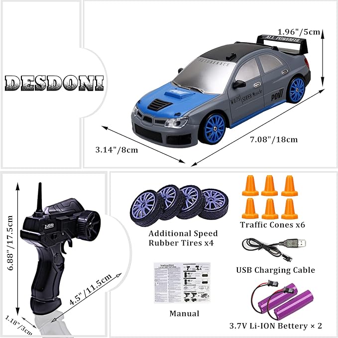 Remote Control Car RC Drift Car 2.4GHz 1:24 Scale 4WD 15KM/H High Speed Model Vehicle with LED Lights Drifting Tire Racing Sport Toy Car for Adults Boys Girls Kids Gift 2Pcs Rechargeable Batteries