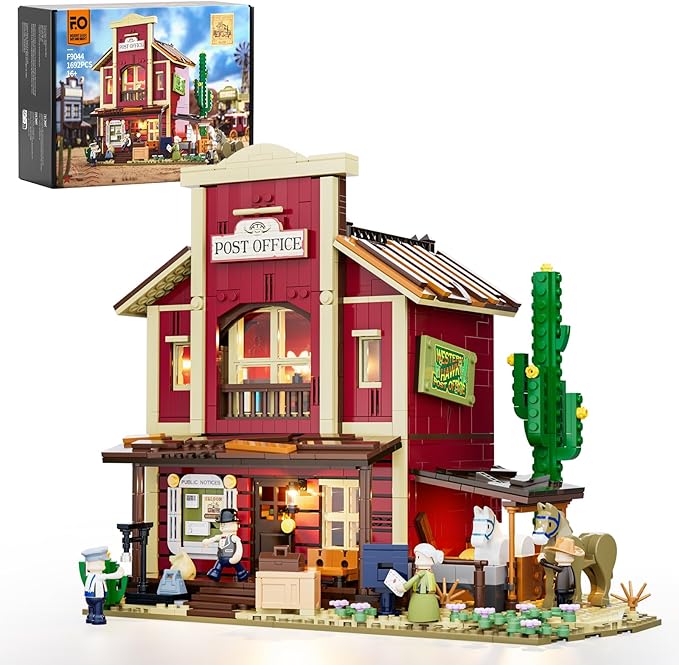 FUNWHOLE Old West Post Office Lighting Building-Bricks Set - 1692 Pcs The Wild West Town Collection Display Set for Adults and West Lovers