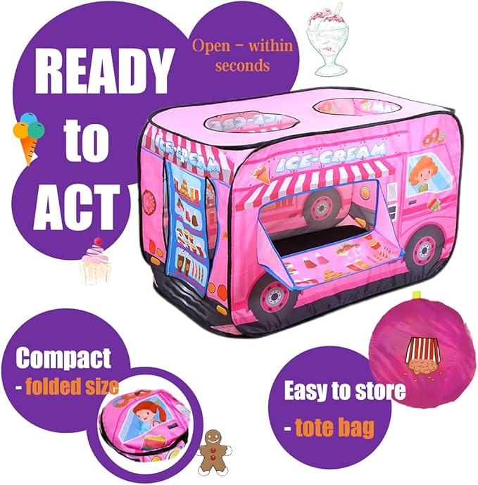 Pop Up Tent for Kids.Ice Cream Truck Play Tent.Large, Easy to Organize Icecream Shop for Kids.Ice Cream Cart for Kids.Birthday Gift for Girls & Boys.Can Be Played with by 2-3 Kids