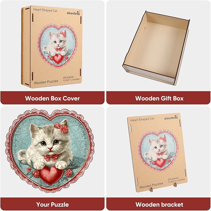 Wooden Puzzle for Adults - 3D Vision Effect Heart Cat Puzzle 200 Pcs Unique Shape Advanced Wooden Jigsaw Puzzle, Challenge Jigsaw Puzzle(11.1 x 11.2 in)